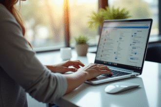 Personne travaillant sur un ordinateur portable lumineux