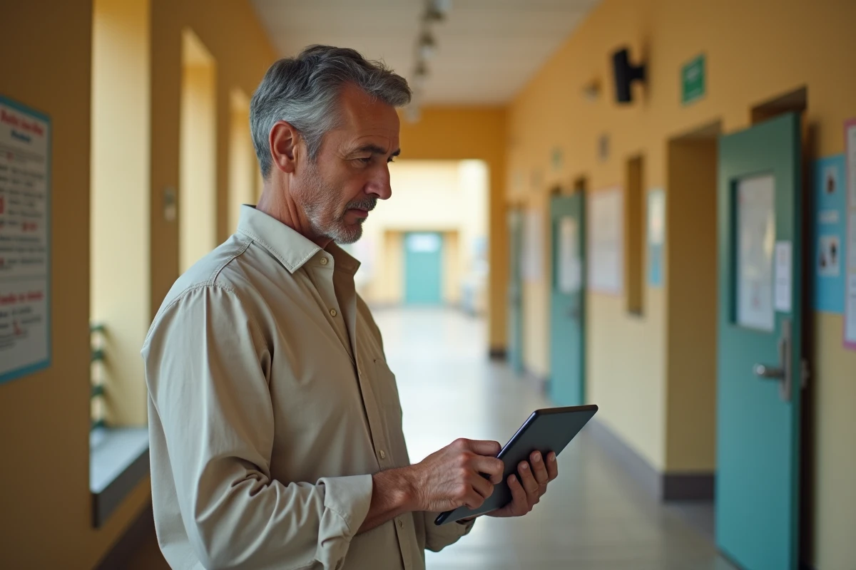 Personnel éducatif consultant sa messagerie académique Mel ouvert sur une tablette dans un couloir d'école