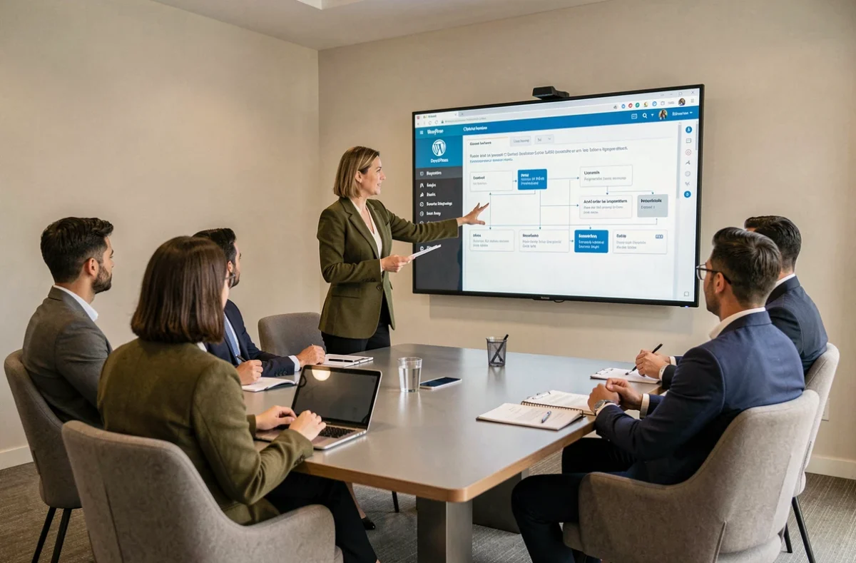 Présentation d'une intégration CRM connectée à WordPress lors d'une réunion client pour l'agence Pilot'in