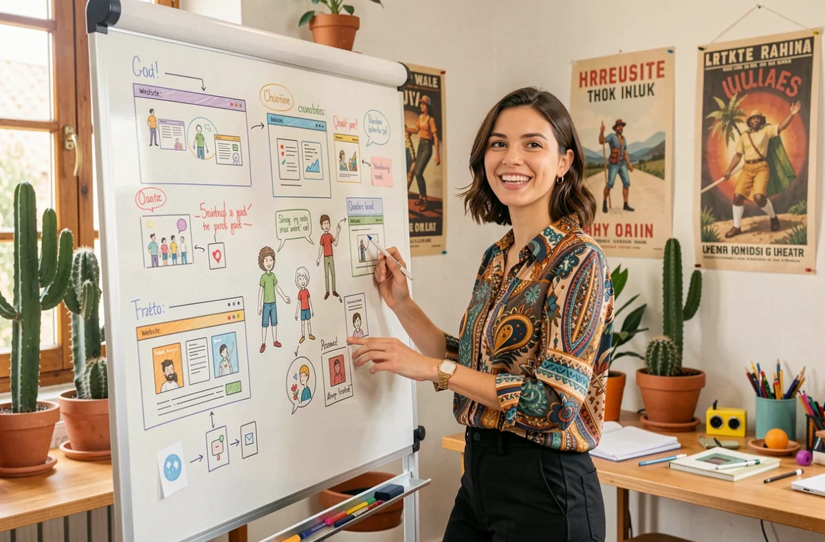 Directrice créative de l'agence Piou Piou Prod présentant des concepts de sites web créatifs sur un tableau blanc dans son studio en Occitanie