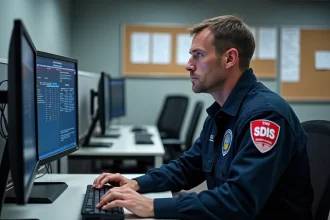 Pompier du SDIS 95 consultant un logiciel de gestion des plannings Agendis sur un écran d'ordinateur dans un centre opérationnel