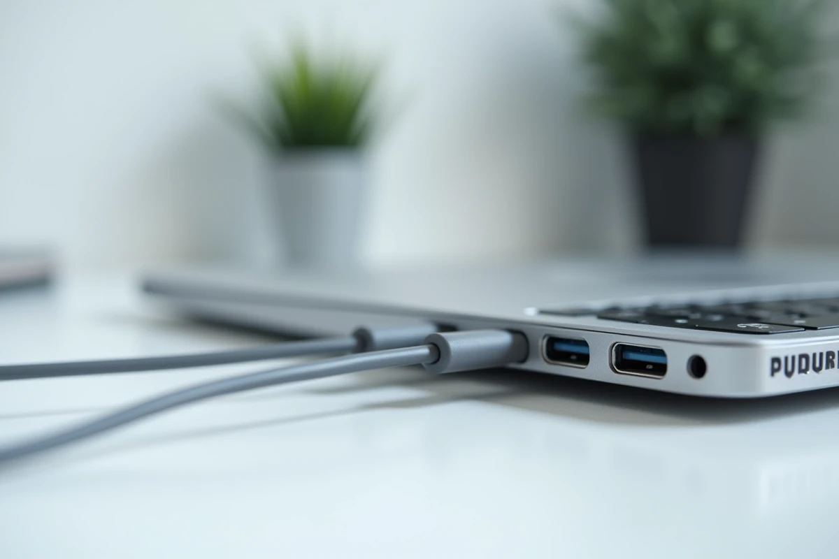 Gros plan sur les ports USB Type-A et USB Type-C d'un ordinateur portable moderne sur un bureau minimaliste