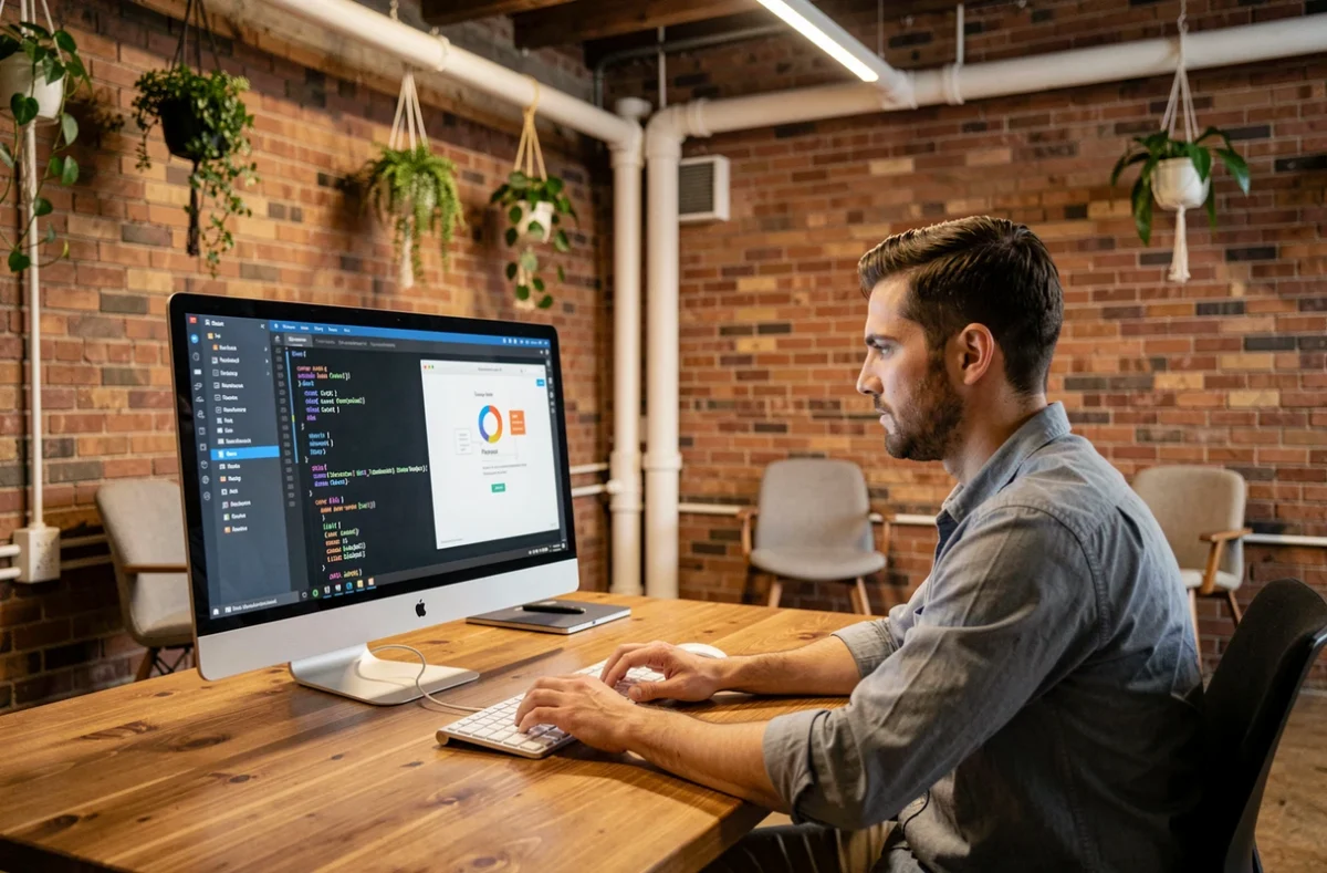 Développeur de Pragmea codant une application web personnalisée dans un studio de développement logiciel sur mesure aux allures de loft créatif