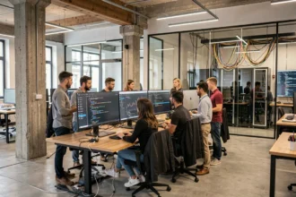 Bureaux modernes d'une entreprise informatique en Gironde avec des professionnels collaborant autour d'écrans technologiques