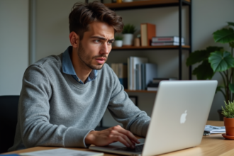 Jeune homme frustré devant son ordinateur portable