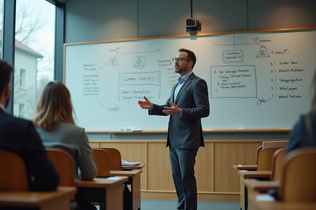 Professeur de droit expliquant les enjeux de la responsabilité de l'intelligence artificielle dans un amphithéâtre universitaire