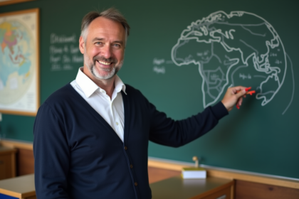 Professeur géographie en classe dessinant des calculs climatiques