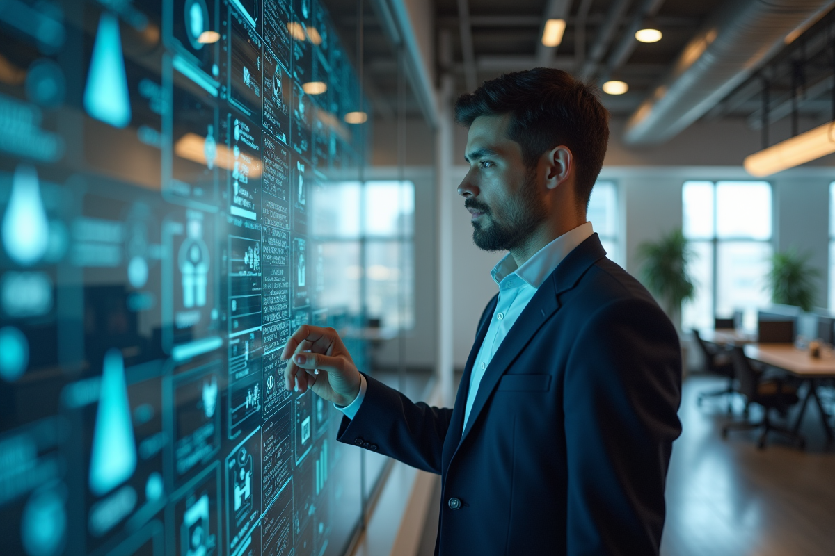 Jeune homme professionnel examinant un écran blockchain