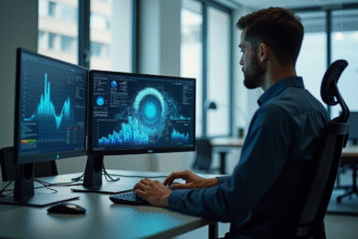 Professionnel au bureau avec un grand écran haute résolution