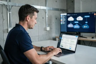Professionnel IT analysant un panneau de contrôle d'hébergeur web sur un laptop dans un bureau moderne avec architecture cloud visible à l'écran