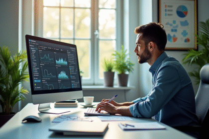 Professionnel analysant des données SEO sur un grand écran lumineux