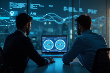 Deux professionnels étudient un diagramme IPsec et VPN