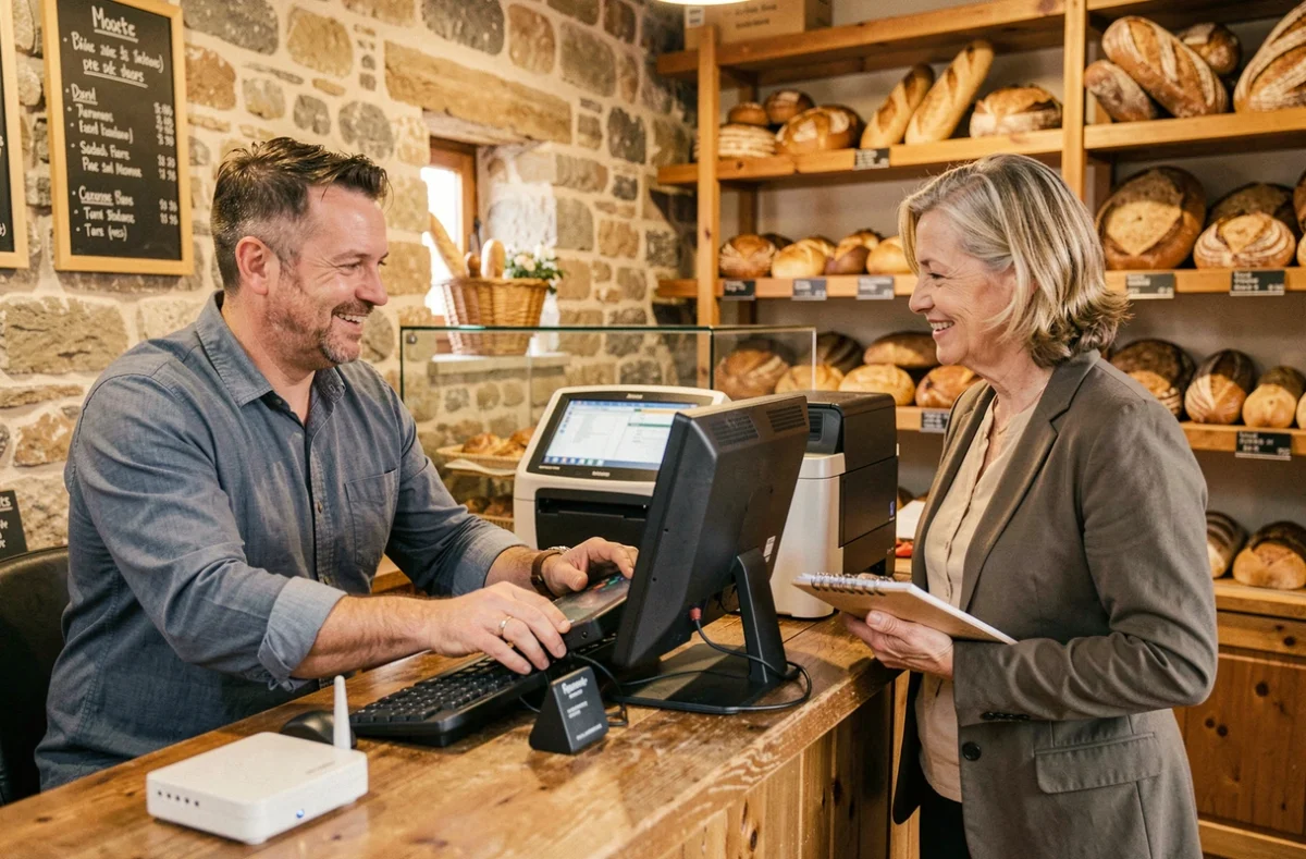 Technicien de QCS assistant la propriétaire d'une TPE locale en Gironde pour l'installation de son système informatique