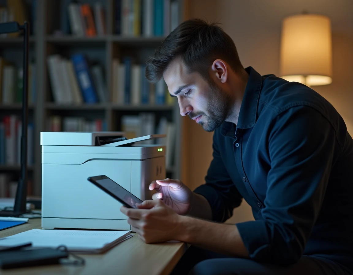 Homme en train de reconnecter une tablette à une imprimante wifi dans un bureau à domicile en consultant les paramètres réseau
