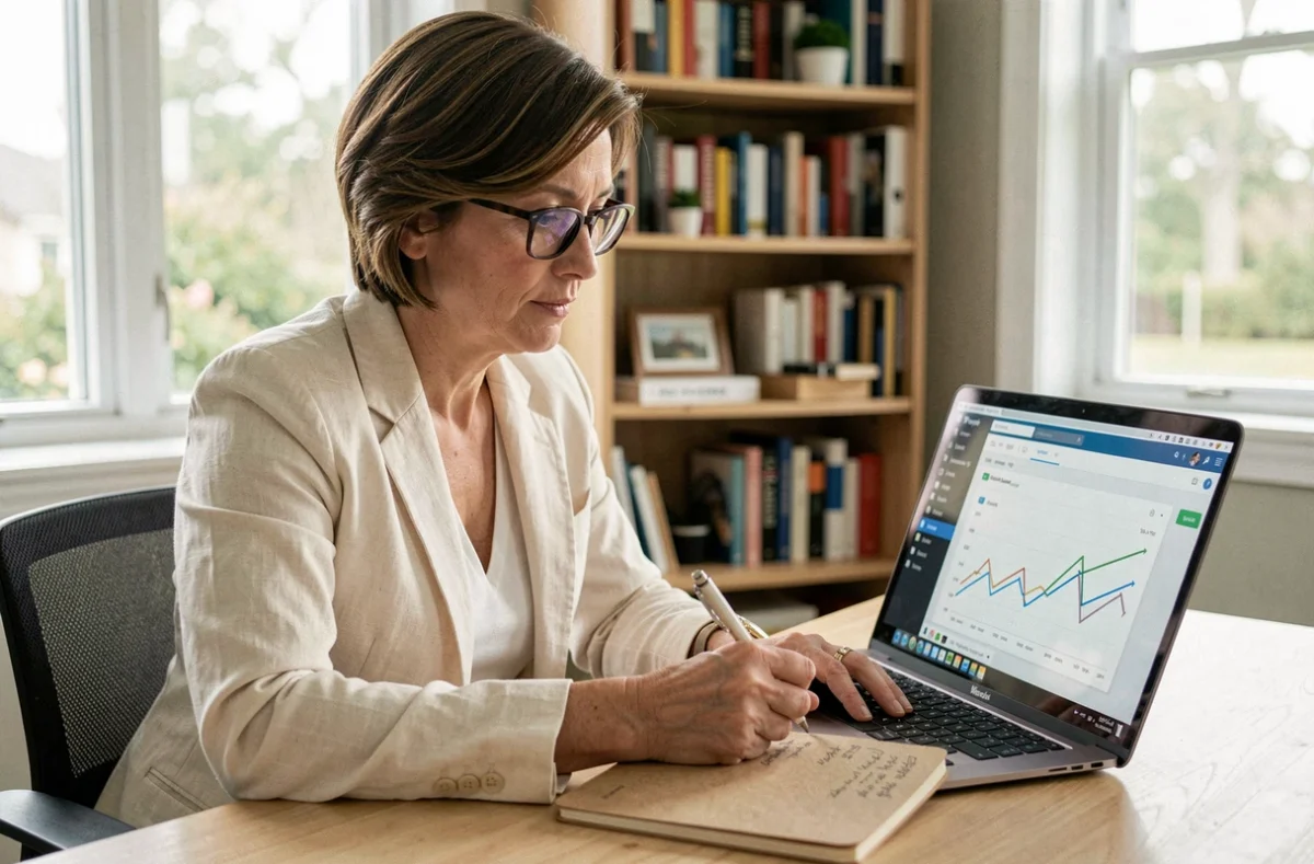 Consultante WordPress indépendante dans les Yvelines prenant des notes devant son tableau de bord analytique