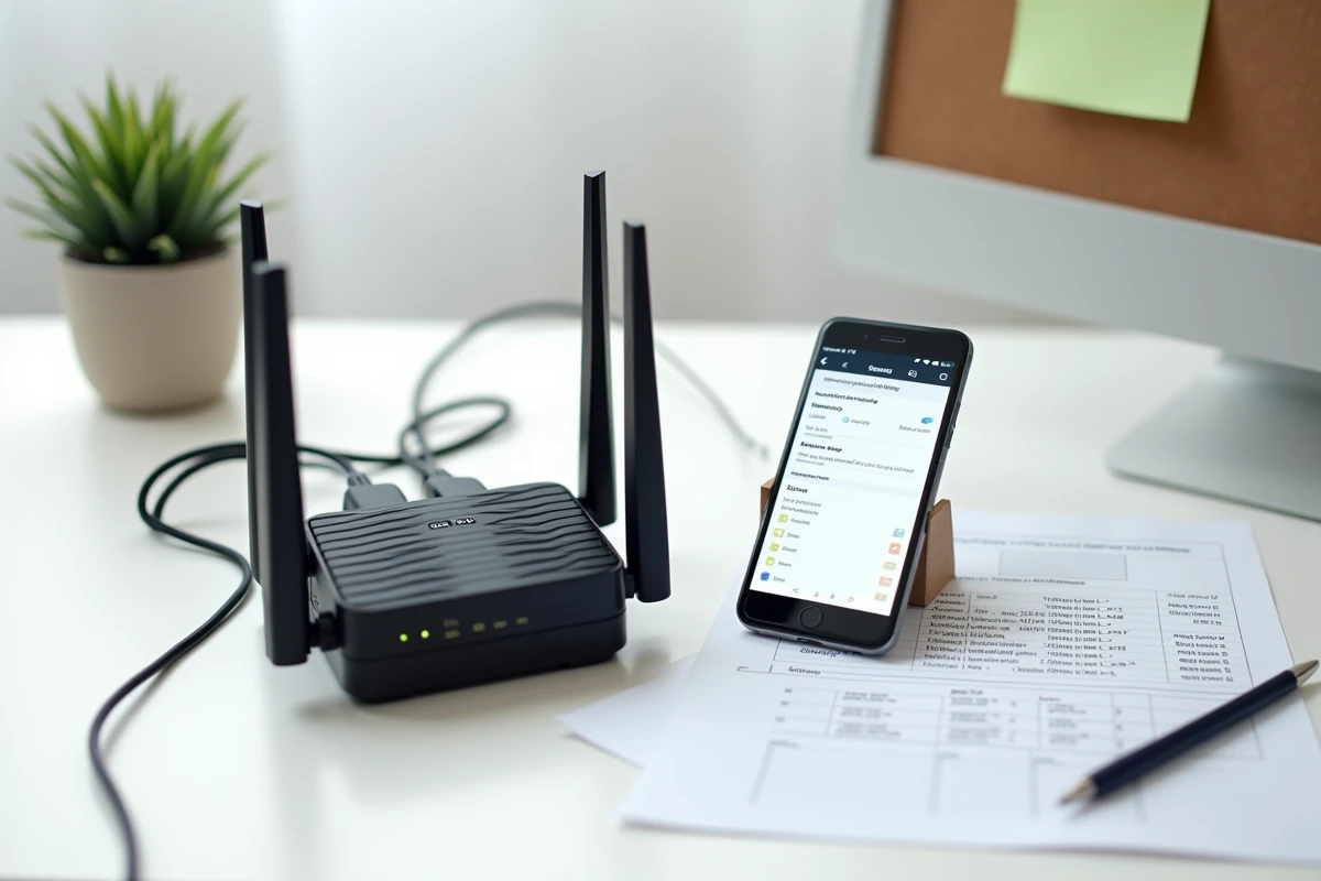 Vue de dessus d'un routeur Wi-Fi avec smartphone affichant le tableau DHCP et fiche de configuration réseau imprimée