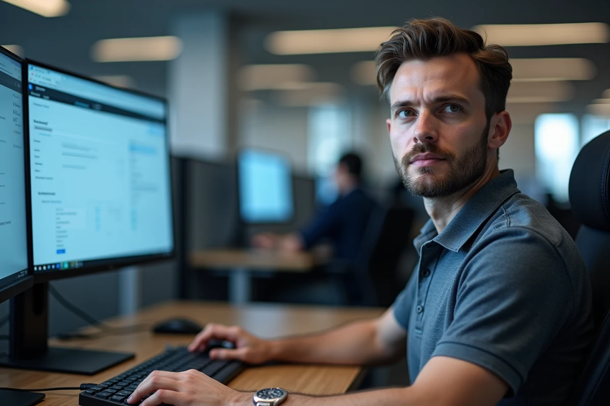 Technicien informatique configurant le filtre SafeSearch dans la console d'administration Google sur un poste de travail professionnel