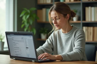 Femme adulte configurant le filtre SafeSearch sur un ordinateur portable dans un bureau à domicile organisé