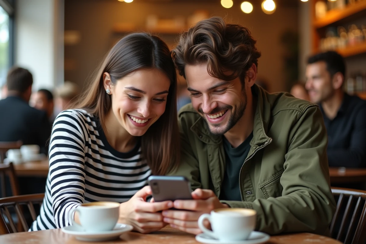Deux amis regardant ensemble une story sur un Samsung smartphone après une capture d'écran dans un café