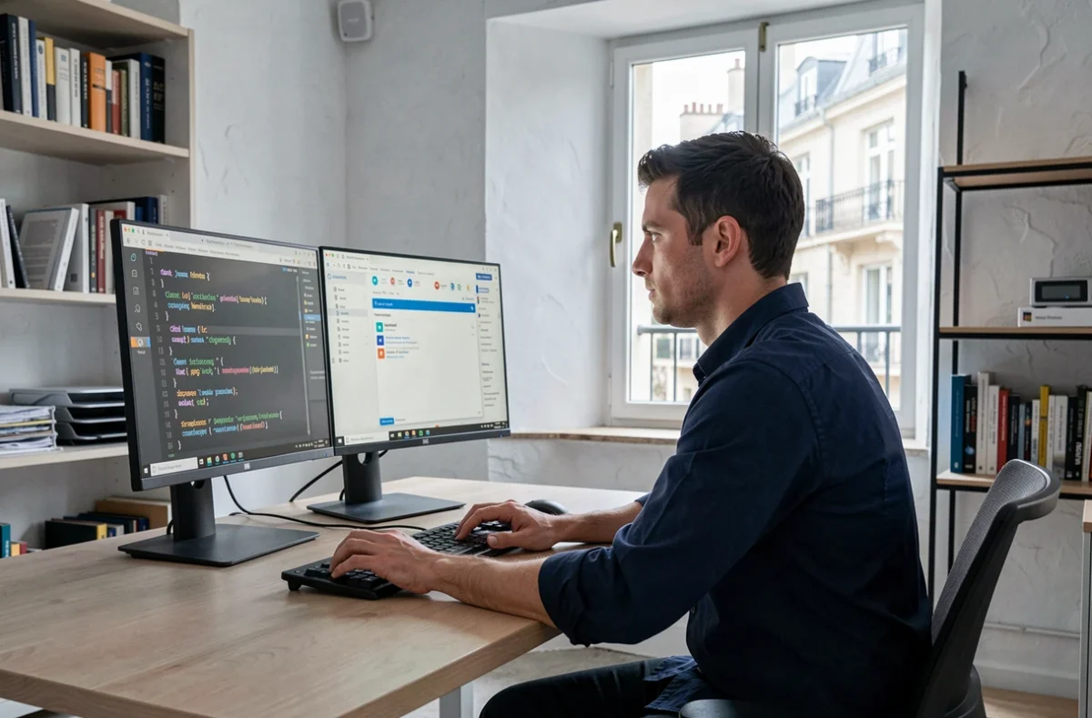Développeur web masculin travaillant sur du code dans les bureaux modernes de l'agence Seodev à Montpellier