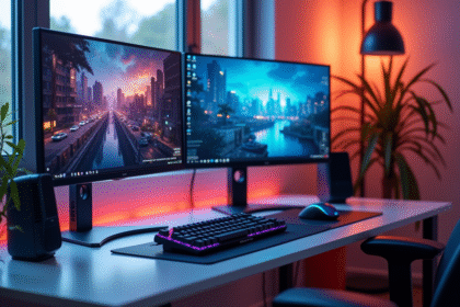Configuration gaming moderne avec deux écrans lumineux