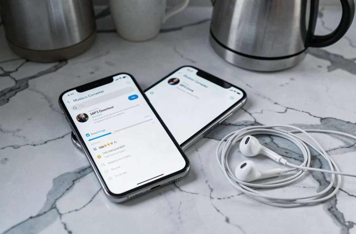 Smartphone posé sur un plan de travail en marbre affichant une application de conversion YouTube en MP3