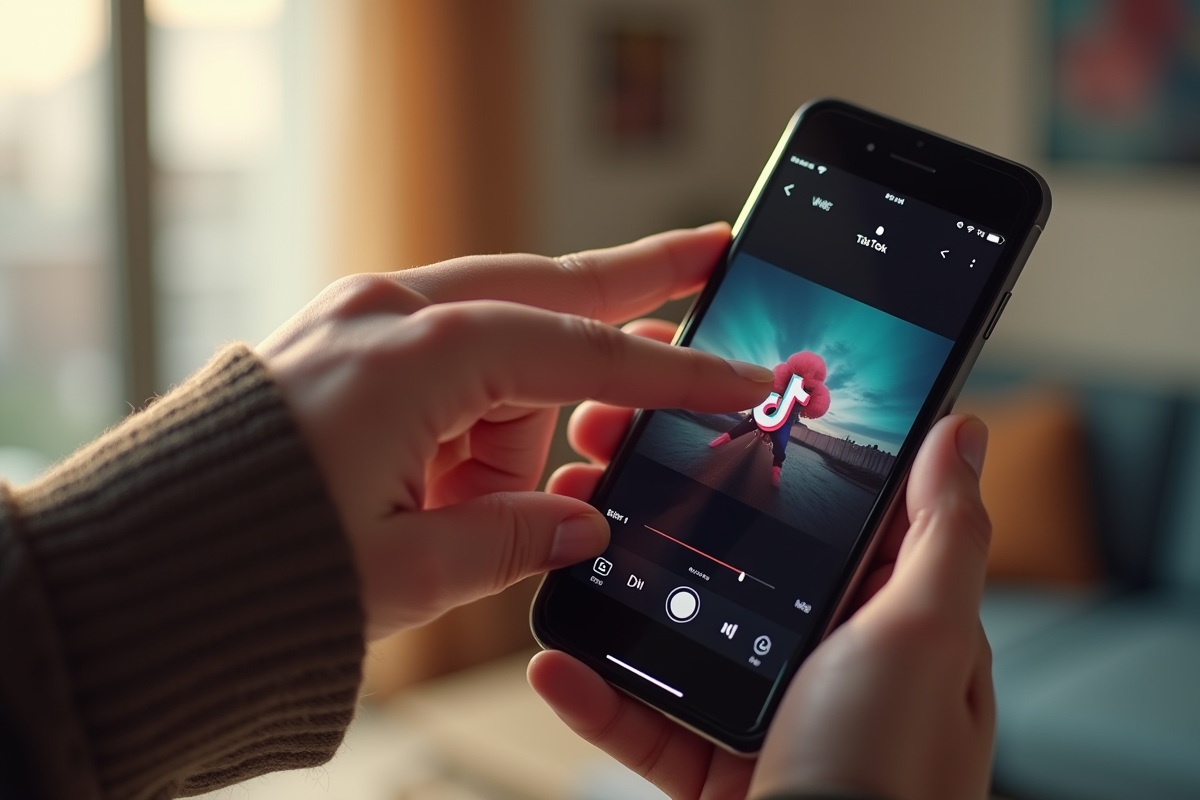 Smartphone en main affichant une vidéo TikTok avec bouton de téléchargement
