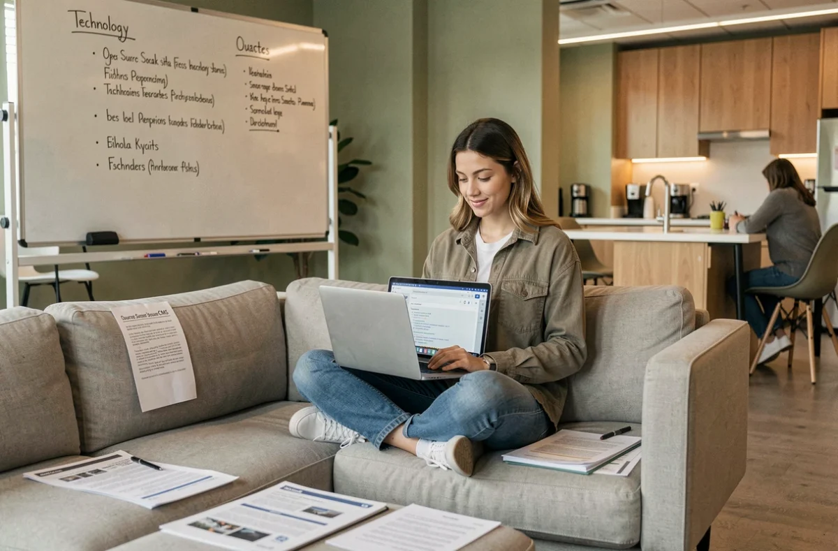 Développeuse de Smile travaillant sur des solutions open source et des logiciels d'entreprise dans un espace de travail collaboratif et décontracté