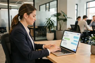 Professionnelle en entreprise utilisant Messenger pour créer un sondage sur son ordinateur portable dans un open space moderne