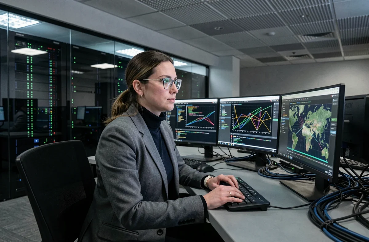 Analyste en cybersécurité de Sopra Steria travaillant sur des systèmes de protection des données dans un bureau technique