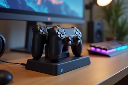Station de charge double pour manettes PS4 posée sur un bureau gaming en bois avec indicateurs LED bleus