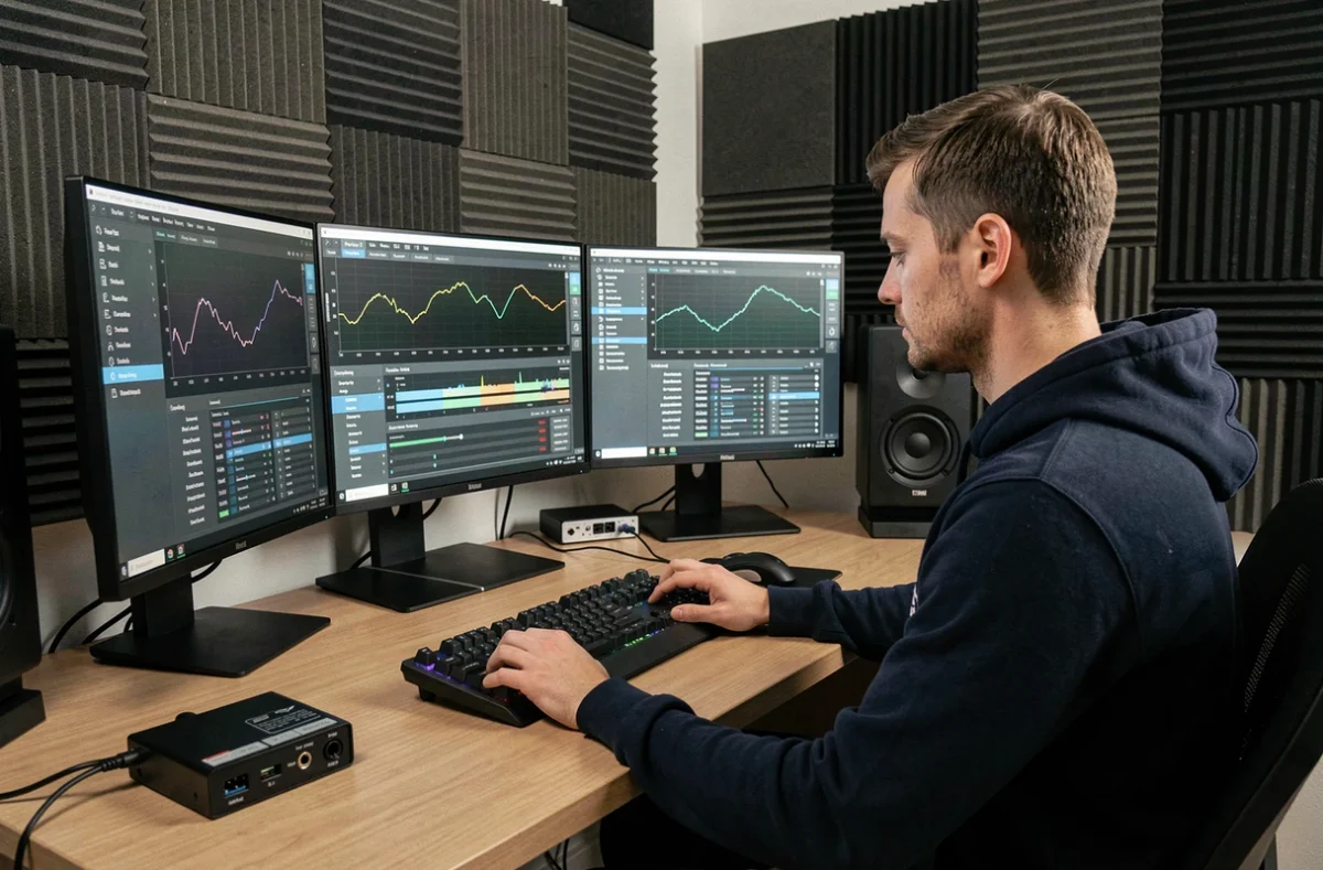 Homme en studio maison configurant un logiciel de conversion audio MP3 haute définition sur ordinateur