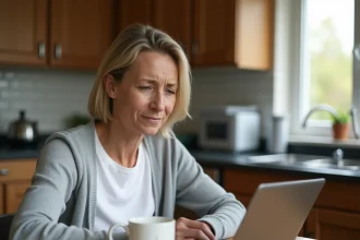 Femme frustrée regardant une tablette affichant une erreur de connexion wifi avec une imprimante en arrière-plan dans une cuisine