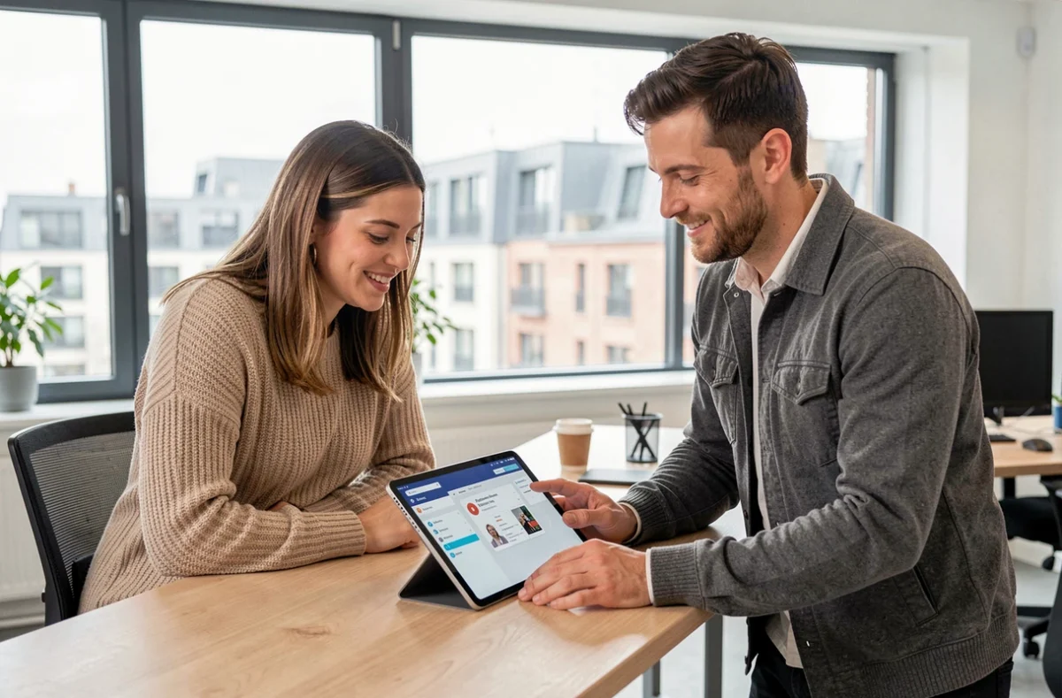 Équipe Tactee collaborant sur une interface WordPress mobile dans un bureau ouvert en Île-de-France ouest