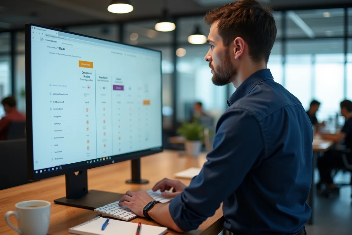 Homme analysant les tarifs d'un logiciel d'emailing sur un grand écran dans un espace de coworking