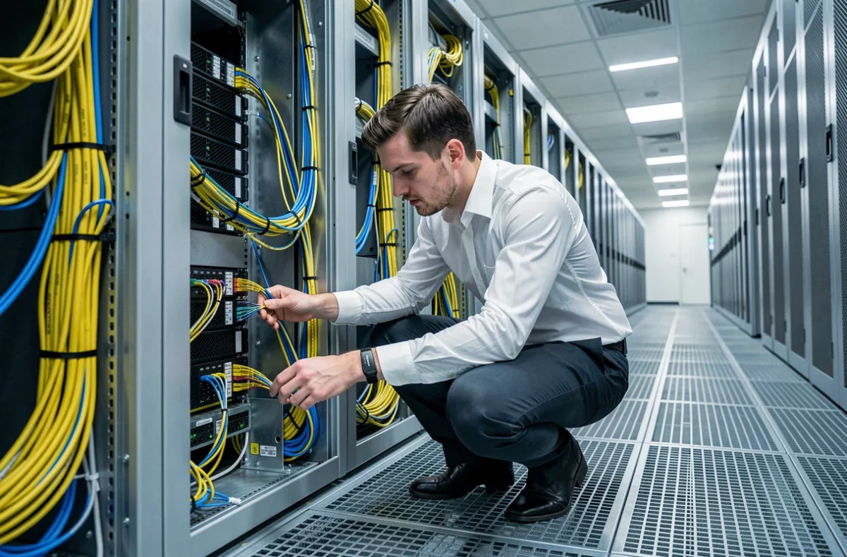 Technicien inspectant des serveurs dans un data center moderne, illustrant l'infrastructure physique derrière les solutions d'hébergement cloud et mutualisé