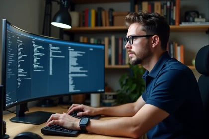 Technicien informatique utilisant le Gestionnaire de périphériques Windows pour gérer les drivers sur un ordinateur de bureau