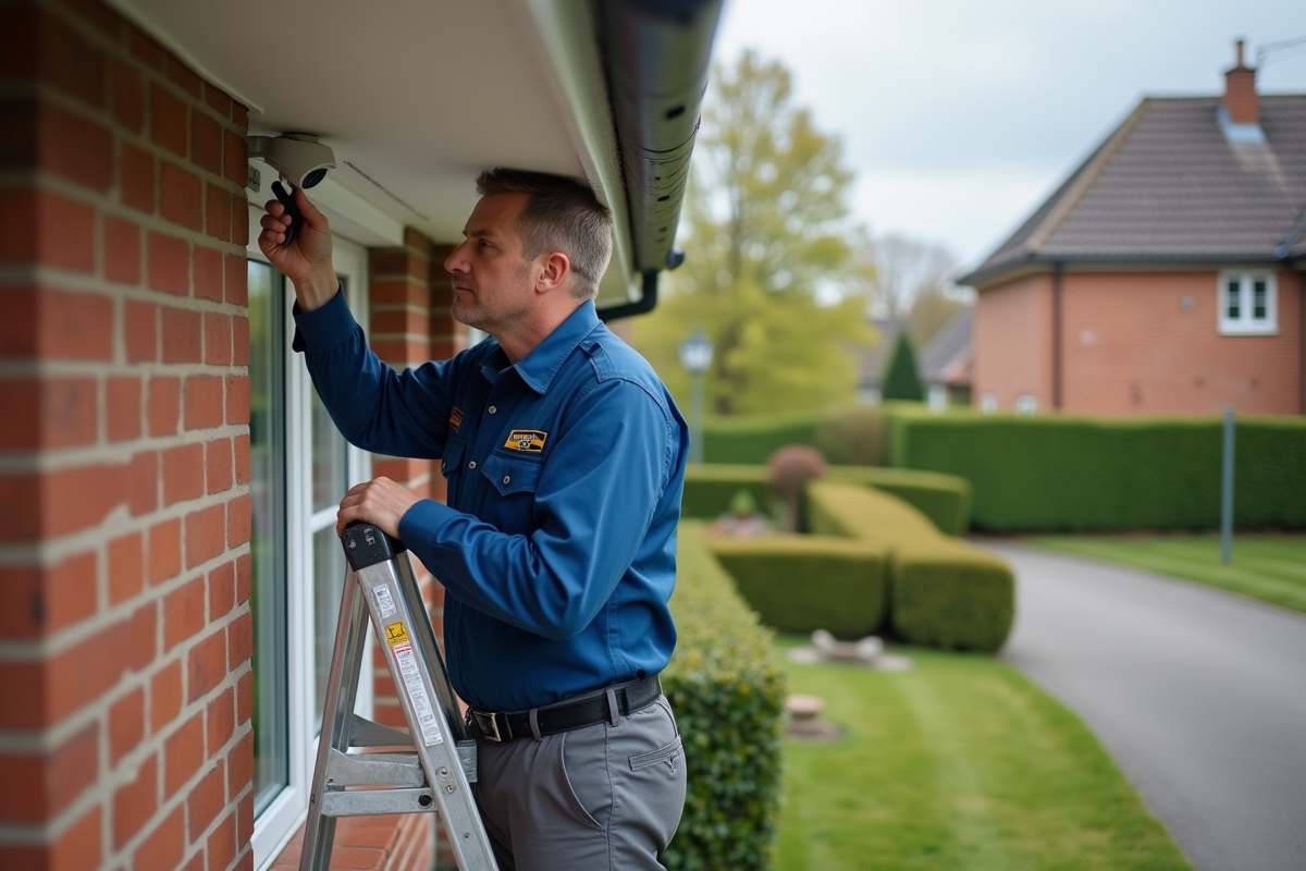 Technicien installe une camera de surveillance devant une maison