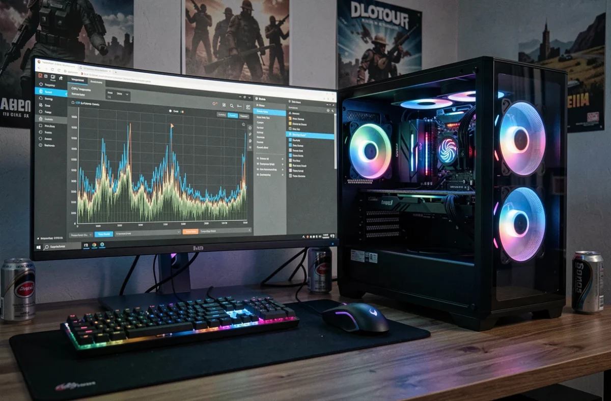Surveillance des températures CPU en jeu sur un PC gaming avec tour ouverte