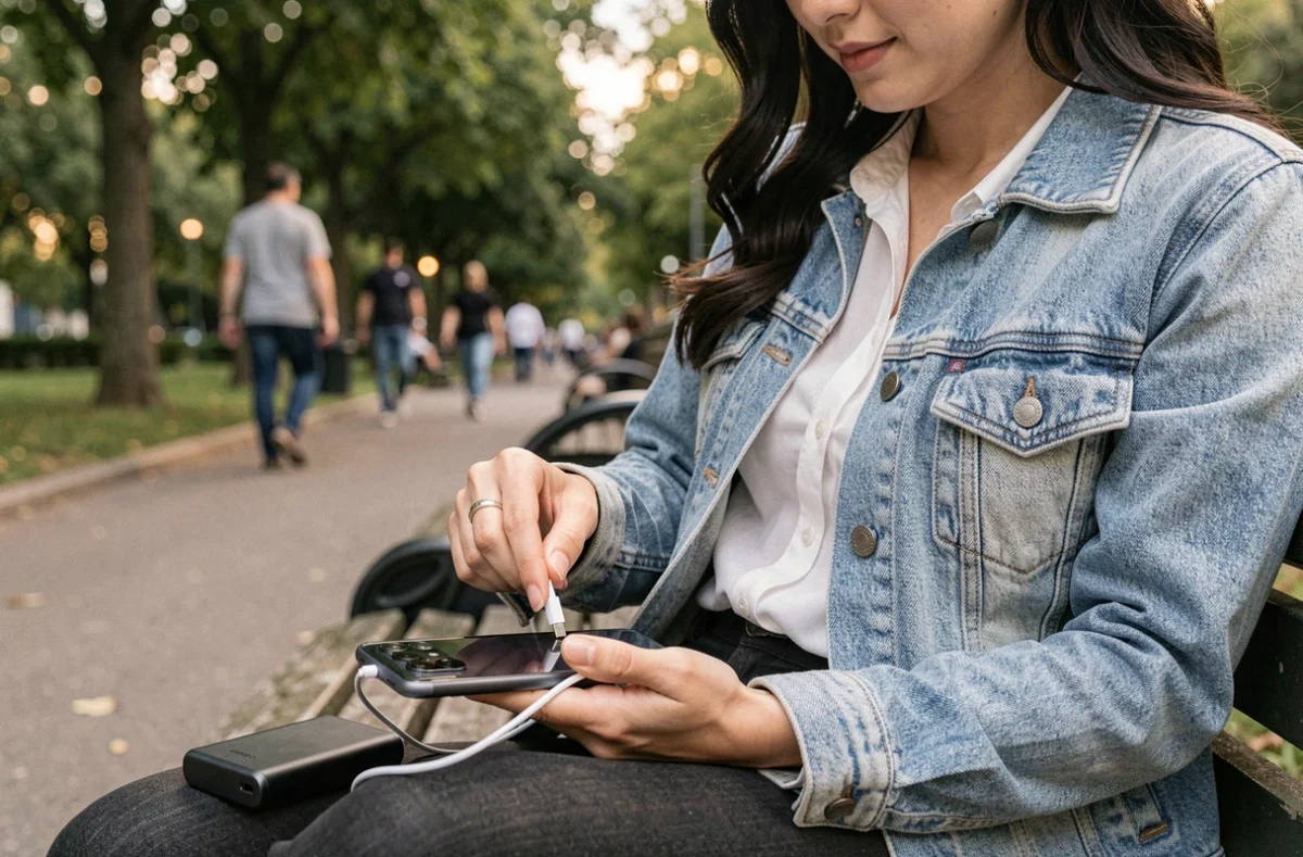 Femme rechargeant son Samsung Galaxy S22 avec une batterie externe dans un parc urbain