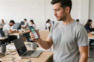 Homme vérifiant la batterie de son Samsung Galaxy S22 au bureau pendant la journée de travail