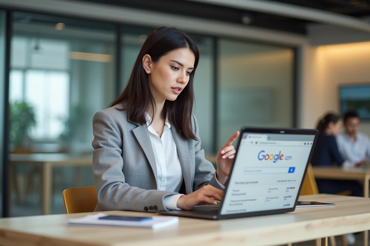 Femme en espace de coworking testant l'affichage d'un site web depuis une localisation Google américaine sur son ordinateur portable