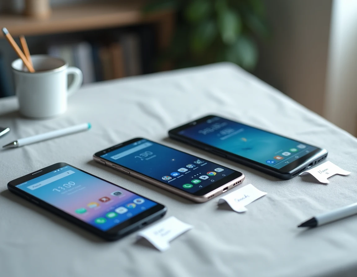 Trois smartphones Android côte à côte sur une surface texturée pour un comparatif rapport qualité-prix