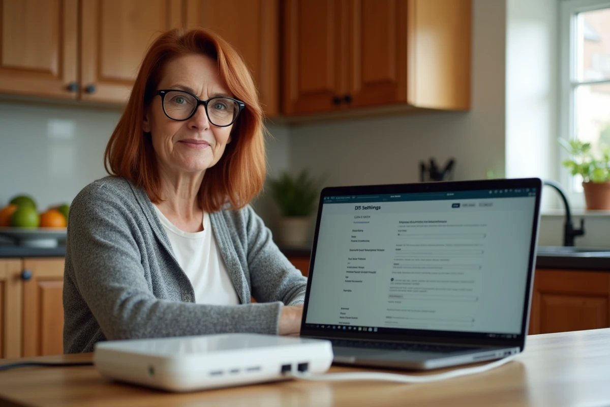 Femme vérifiant la configuration DHCP de son routeur via l'interface d'administration sur un ordinateur portable