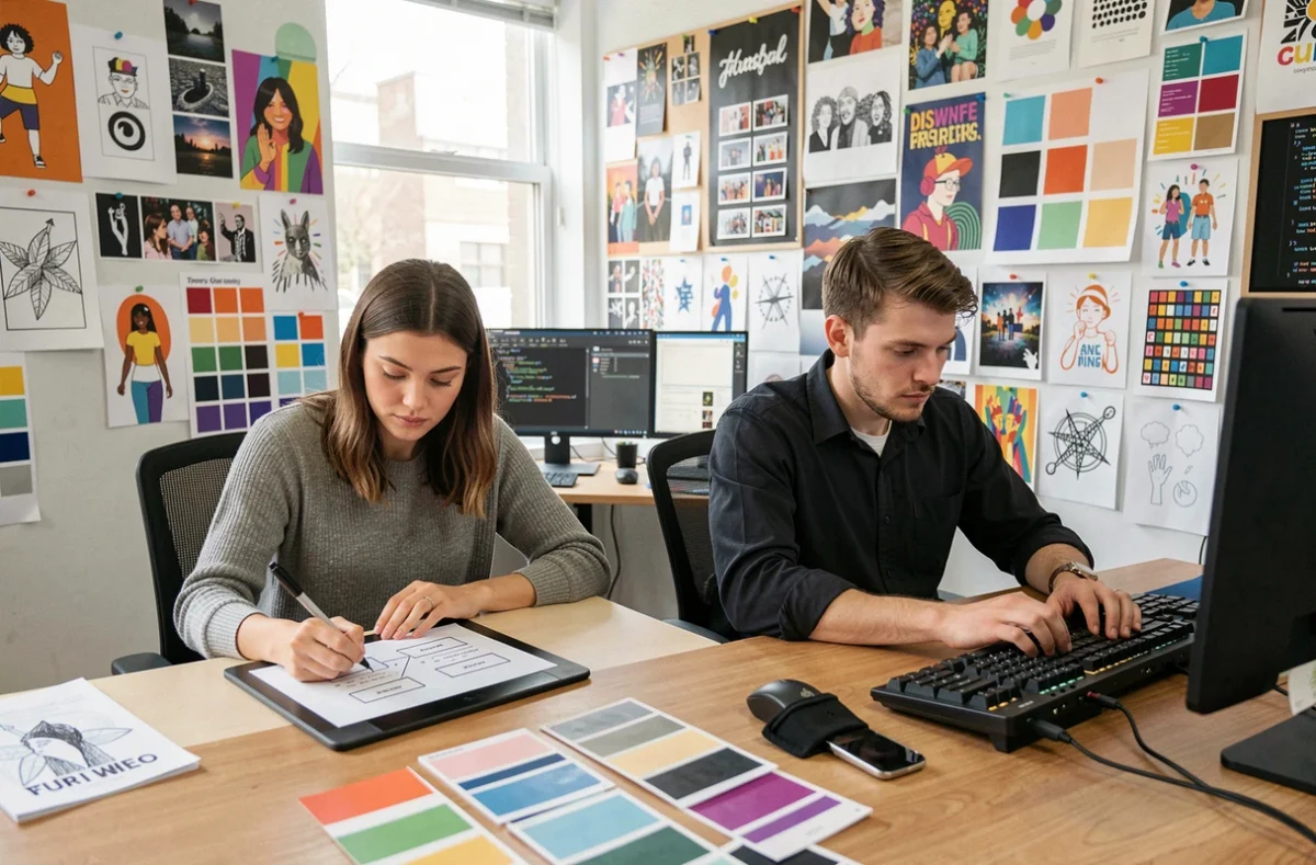 Designer et développeur web travaillant côte à côte dans le studio créatif de l'agence Visions Nouvelles