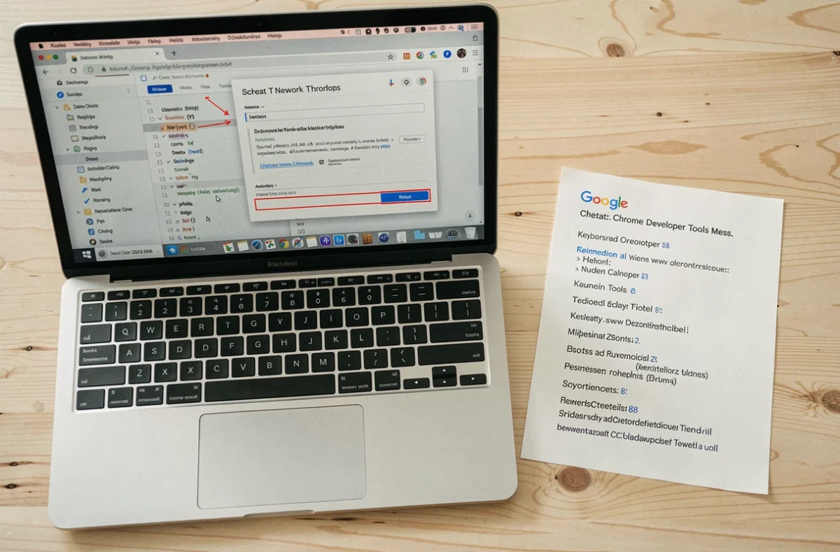 Vue aérienne d'un laptop avec Chrome DevTools ouvert montrant les options avancées du bouton actualiser pour développeurs