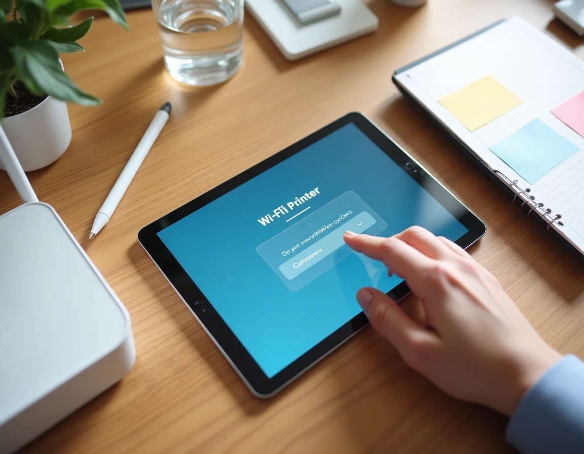 Vue aérienne d'une tablette affichant les paramètres de connexion wifi à une imprimante sans fil posée sur un bureau en bois