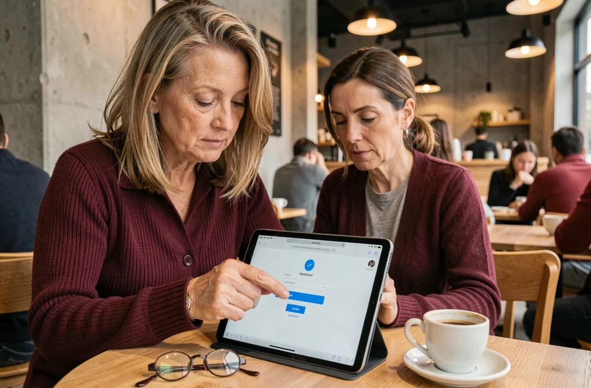 Femme d'âge mûr consultant son compte webmail sur une tablette dans un café