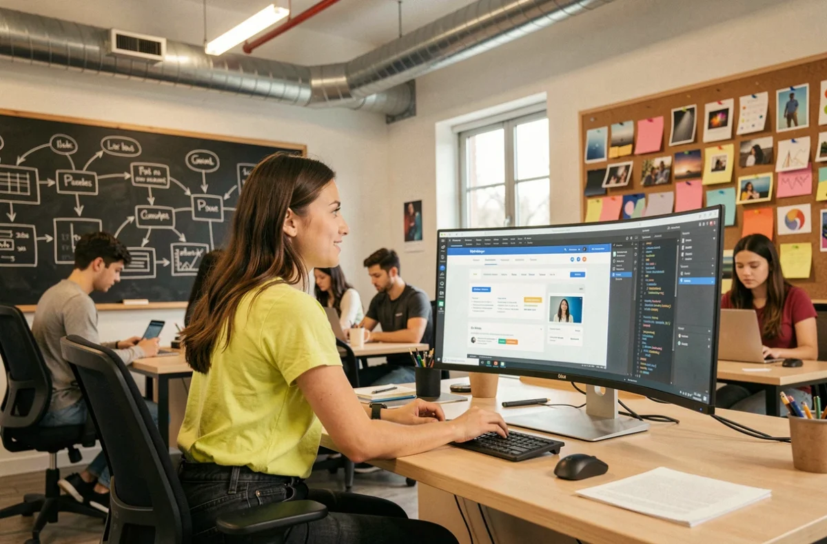 Développeuse web de Webnet travaillant sur un design de site responsive dans un studio d'agence digitale à Bordeaux